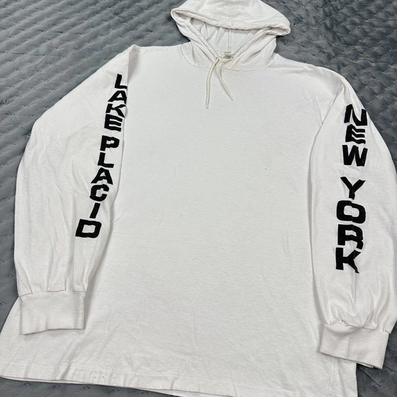 VINTAGE Lake Placid Shirt Men XL Single Stitch White Long Sleeve Hooded Pullover - Picture 3 of 13